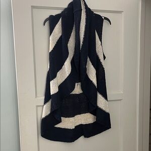 CAbi Navy and White Striped Open-Front Sweater Vest